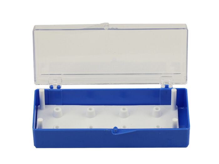 small, clear styrene box for eight standard 12.7mm SEM pin stubs
